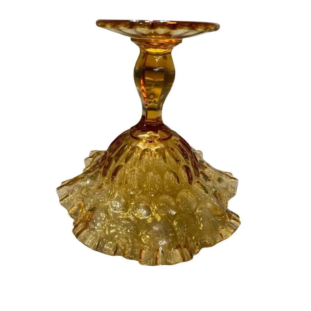 Vintage Fenton Hobnail Ruffled Edge Compote Art Glass Honey Amber Size 7